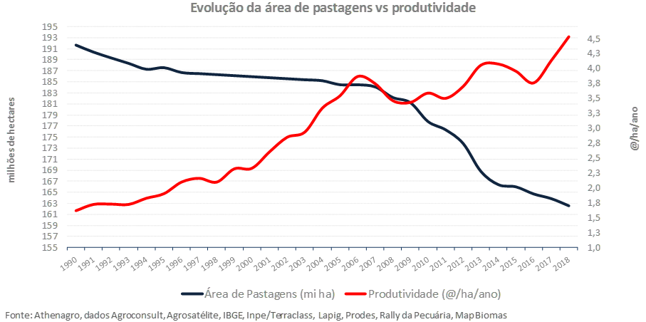 grafico area de pastagem vs produtividade